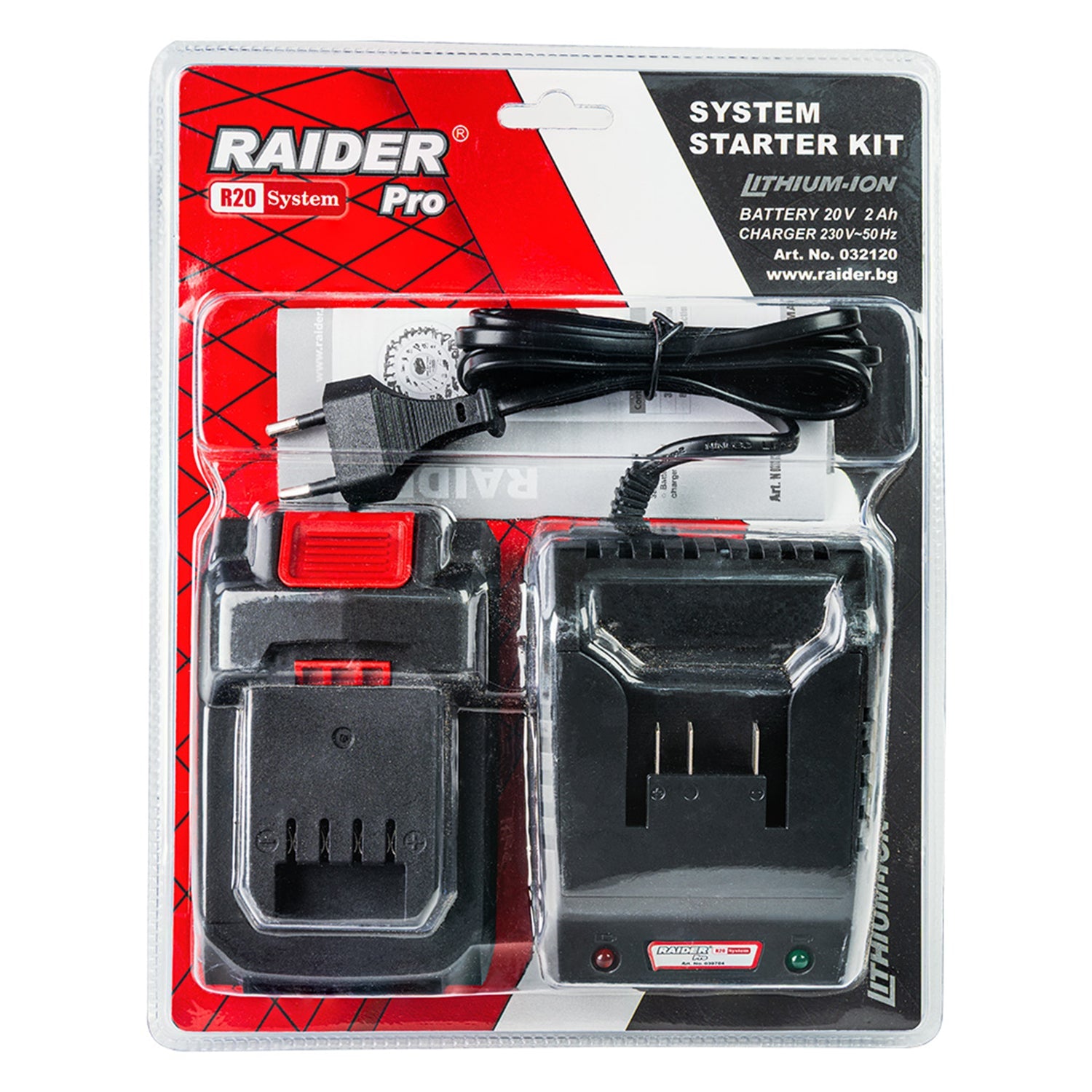 Kit set 2pz batterie 20V 2Ah + caricabatterie rapido ioni al litio, Raider Pro