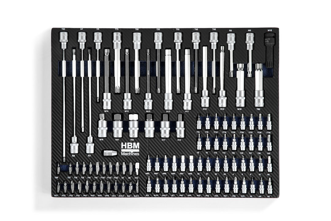 Carrello completo di attrezzi professionale Hbm,set 262 pezzi con 7 cassetti 6 scomparti e ruote da officina Carbon premium Olanda