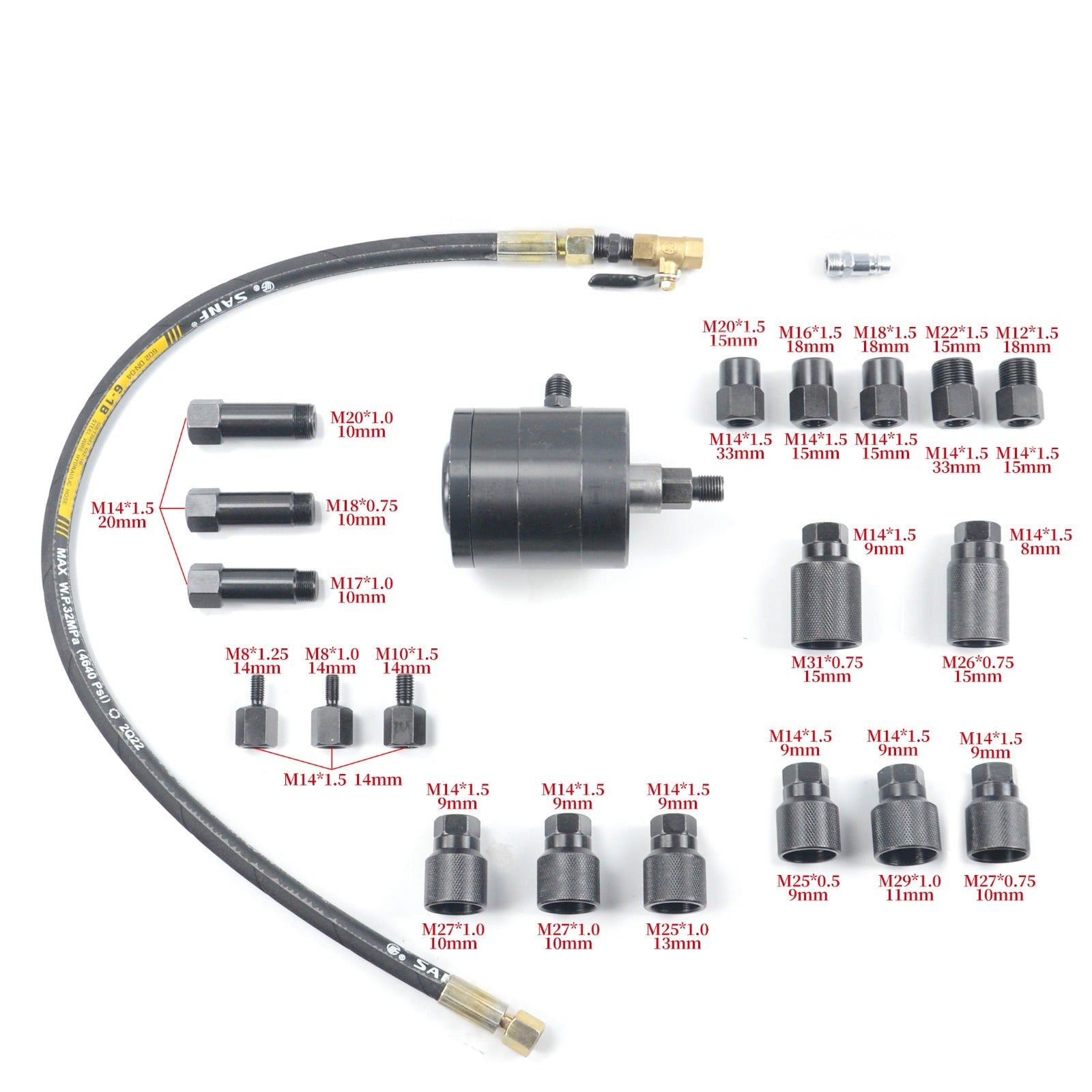 Estrattore pneumatico per iniettori diesel per rimuovere iniettori a vibrazione d'aria da 5-8 bar con martello estrattore, 19 adattatori, tubo di prolunga e connettori, 1000 Nm 21 pezzi Bosch Delphi Denso Siemens