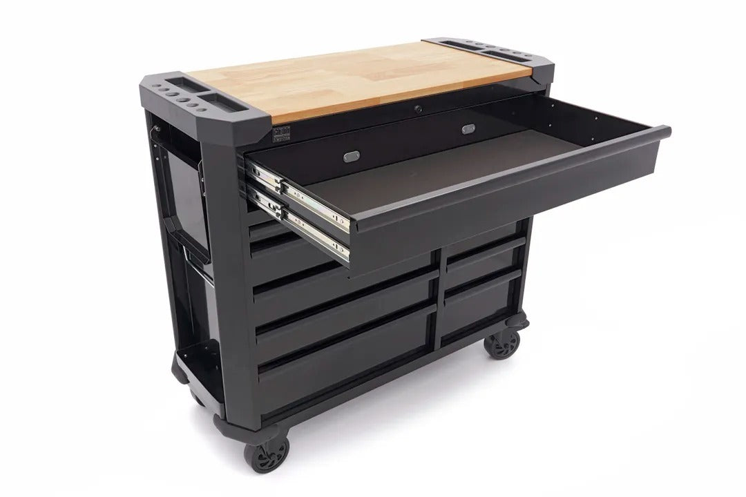 Carrello portautensili metallico professionale officina con 11 cassetti e ruote-mobile 109 cm con piano di lavoro in legno massiccio HBM Machines