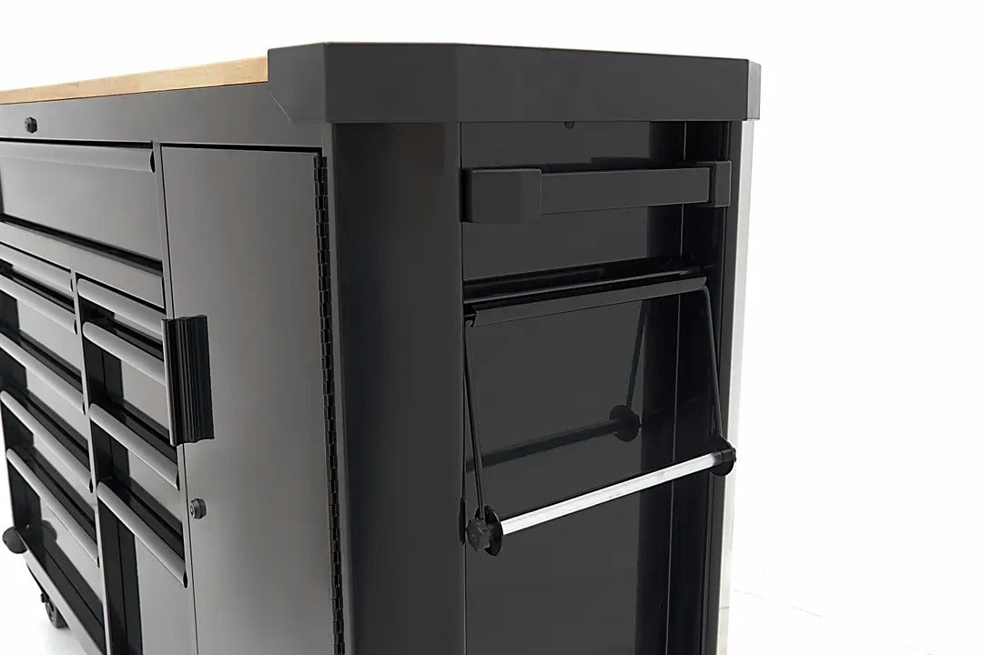 Carrello portautensili metallico professionale officina con 10 cassetti e ruote-mobile 147 cm con piano di lavoro in legno massiccio HBM Olanda