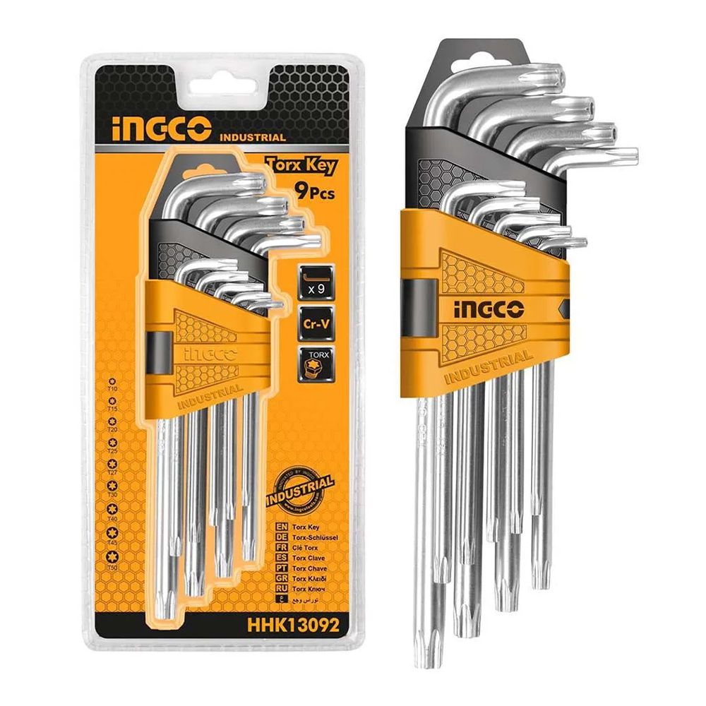 Chiavi torx lunghe ad L set 9 pezzi, acciaio chrom vanadium, set chiavi Torx extra lunghe in pratico supporto, T10 - T50, Ingco