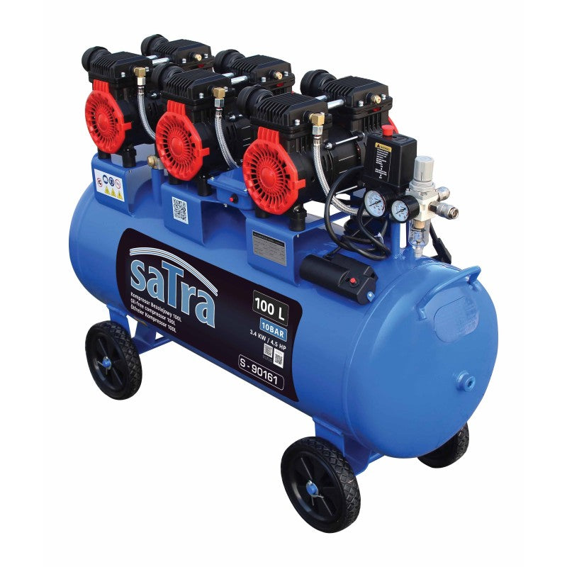 Compressore aria silenziato - con capacità del serbatoio di 100 litri - senza olio, oil free - per utensili pneumatici, 3400 W Satra