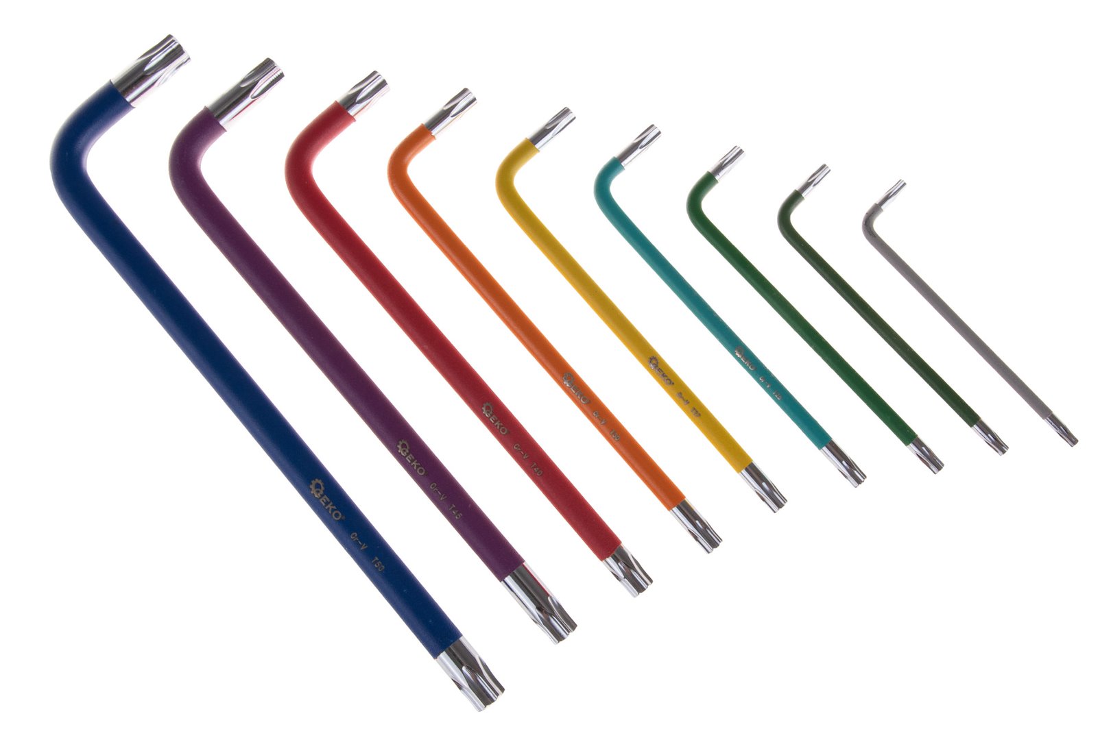 Chiavi Torx lunghe ad L set 9 pezzi, acciaio chrom vanadium, colorate, set chiavi Torx extra lunghe in pratico supporto, T10 - T50, Geko
