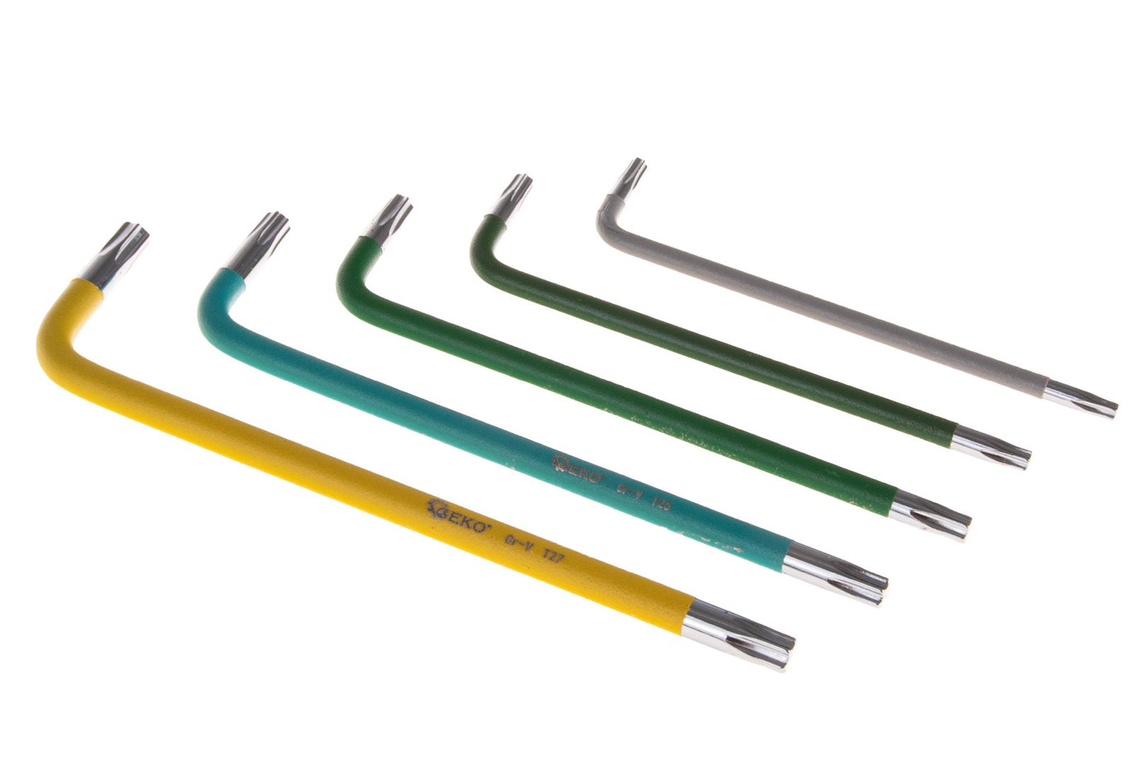 Chiavi Torx lunghe ad L set 9 pezzi, acciaio chrom vanadium, colorate, set chiavi Torx extra lunghe in pratico supporto, T10 - T50, Geko
