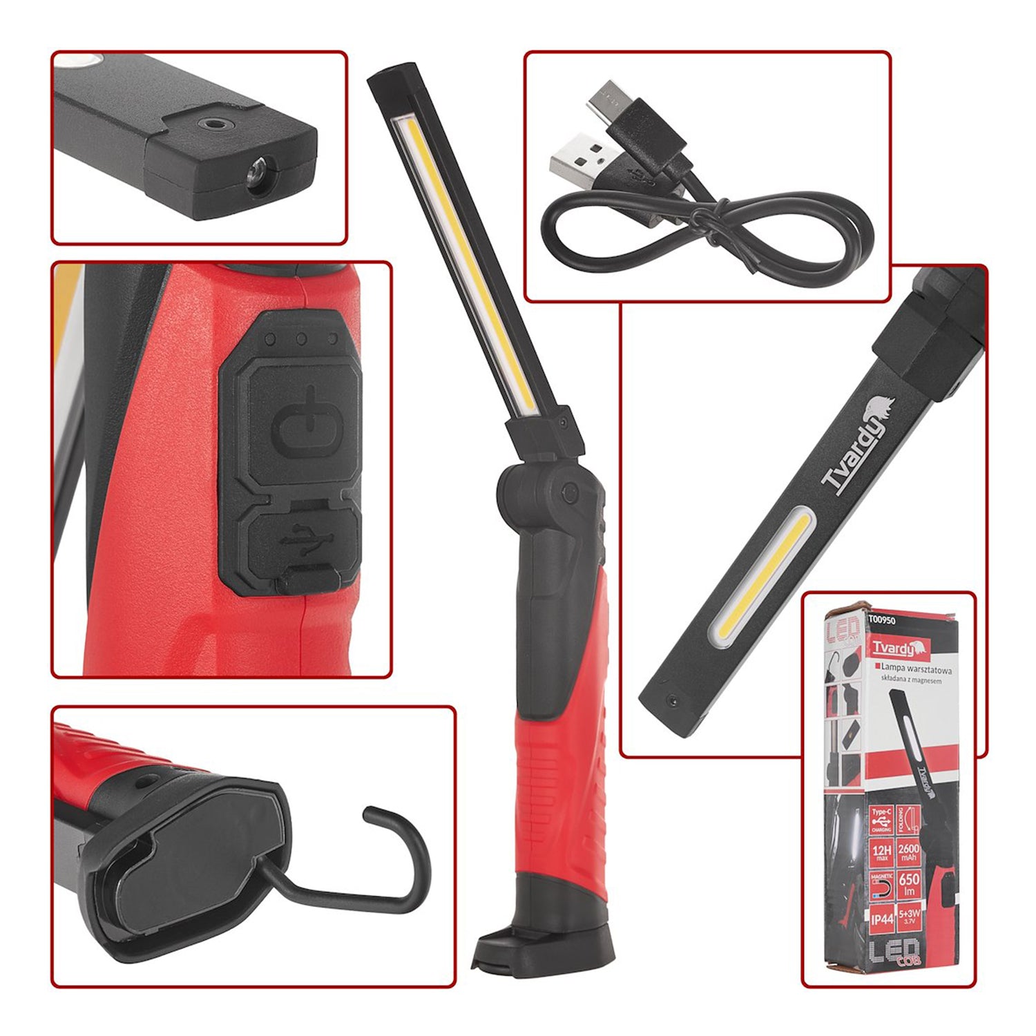 Lampada da lavoro magnetica ricaricabile e pieghevole ,a LED COB 5W 650LM 2600MAH, con gancio, torcia da lavoro