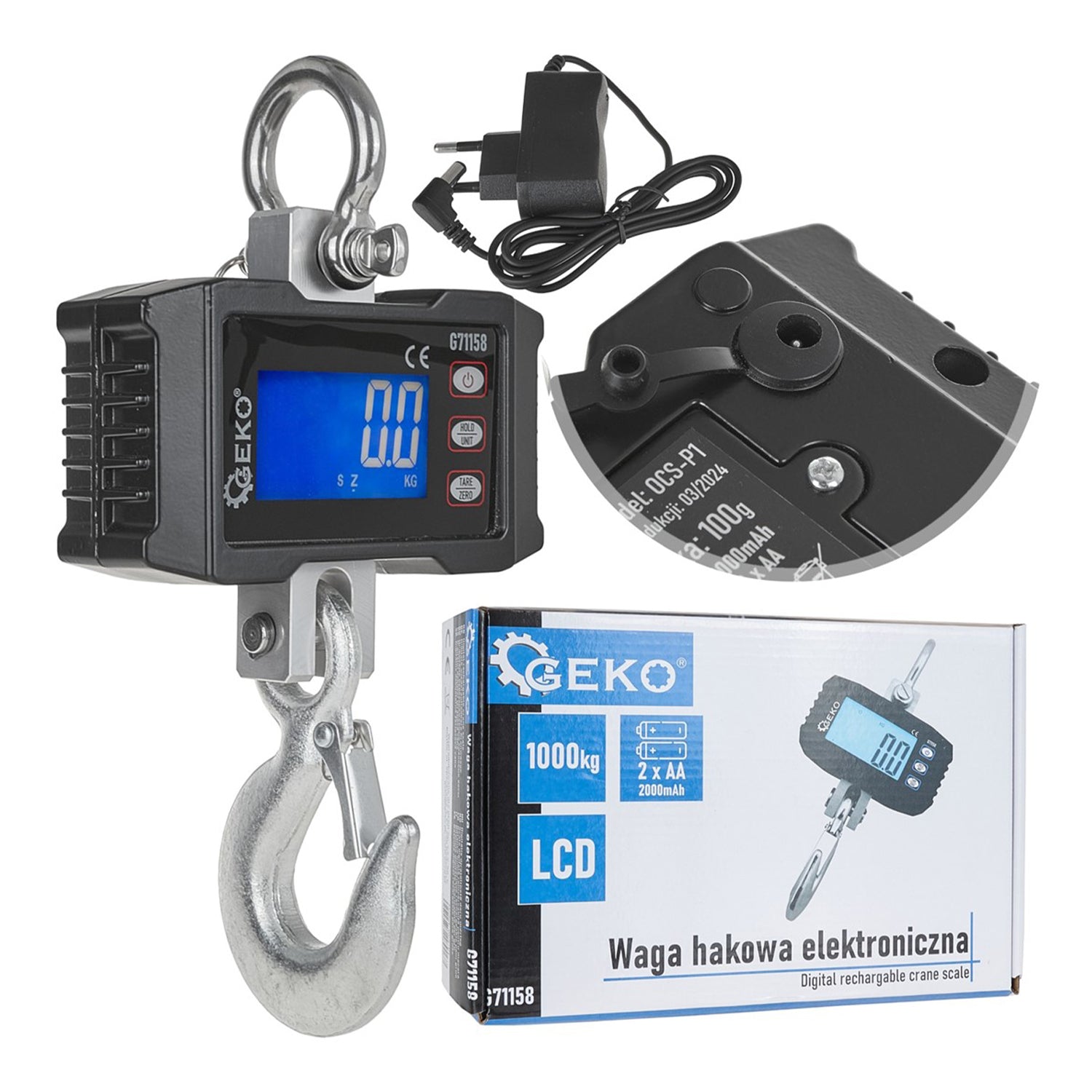 Bilancia elettronica-dinamometro per gru 1000 kg 2000 lb bilancia da gru digitale con telecomando, schermo lcd Geko