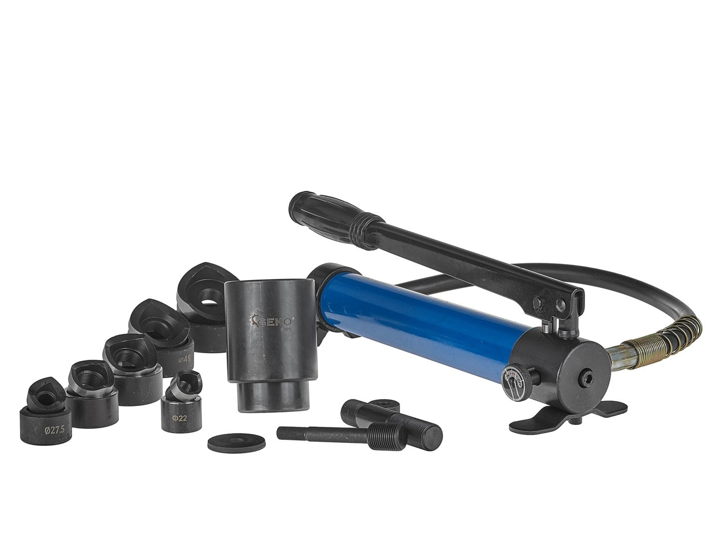 Punzone idraulico hydraulic knockout kit 22–60 mm, 10 t, punzonatrice idraulica in acciaio inox, strumento di perforazione per condotto elettrico, kit di punzonatrice idraulica per perforazione, Geko