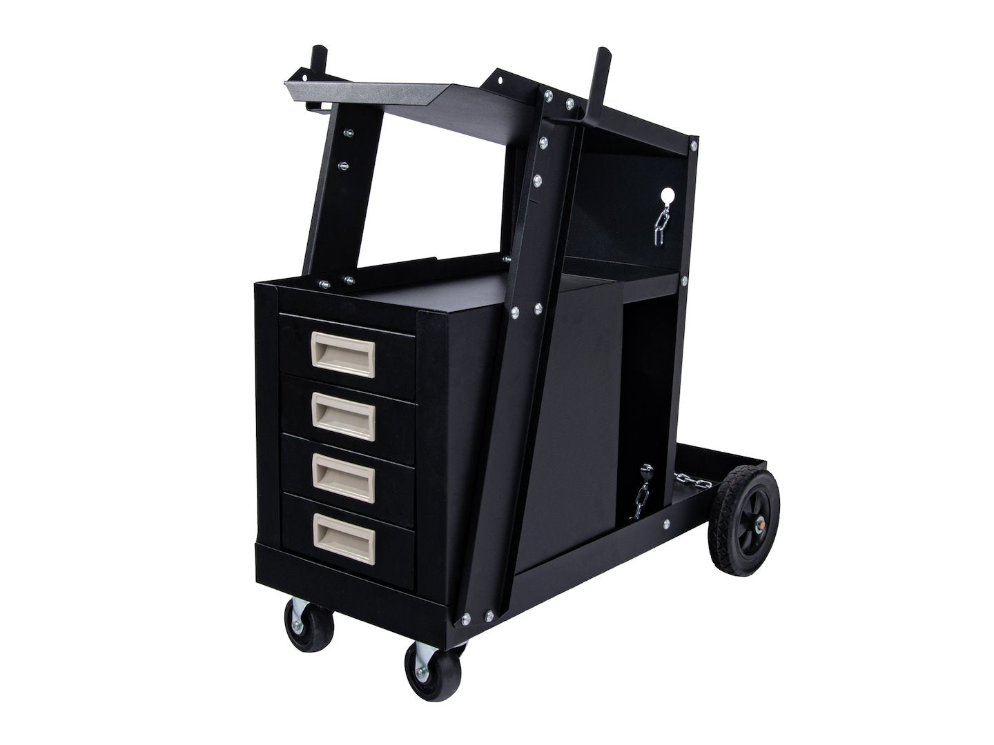 Carrello per saldatura 2 ripiani con 4 cassetti per trasporto saldatrice con ruote carico girevoli 360 gradi, carrello per attrezzatura di saldatura con scomparto 29 x 25.5 cm portabombola gas, nero