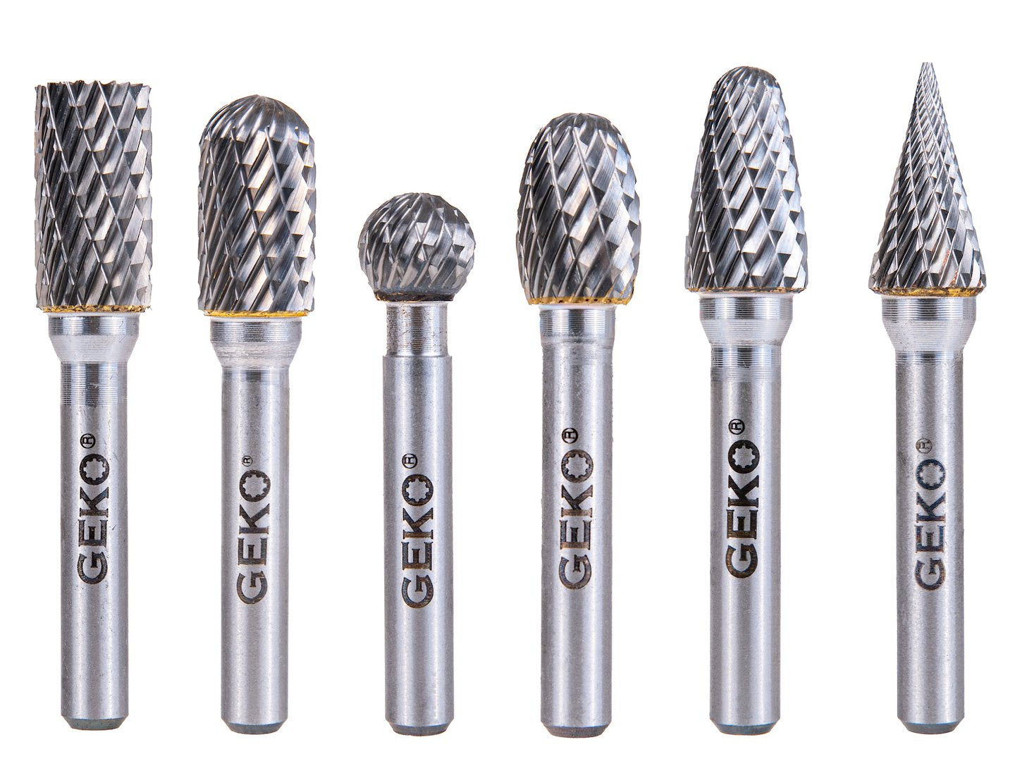 Set di 6 frese su gambo in carburo di tungsteno, kit frese rotanti, testa di affilatura per lucidatura metalli, incisione, foratura, 6 mm Geko