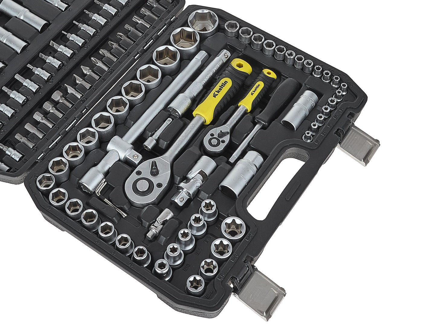 Valigetta utensili professionale 108 pezzi, serie di chiavi a bussola in Cr-V, torx cricchetti, prolunghe, kit attrezzi per auto, officina fai-da-te con attacchi 1/2" e 1/4", Geko