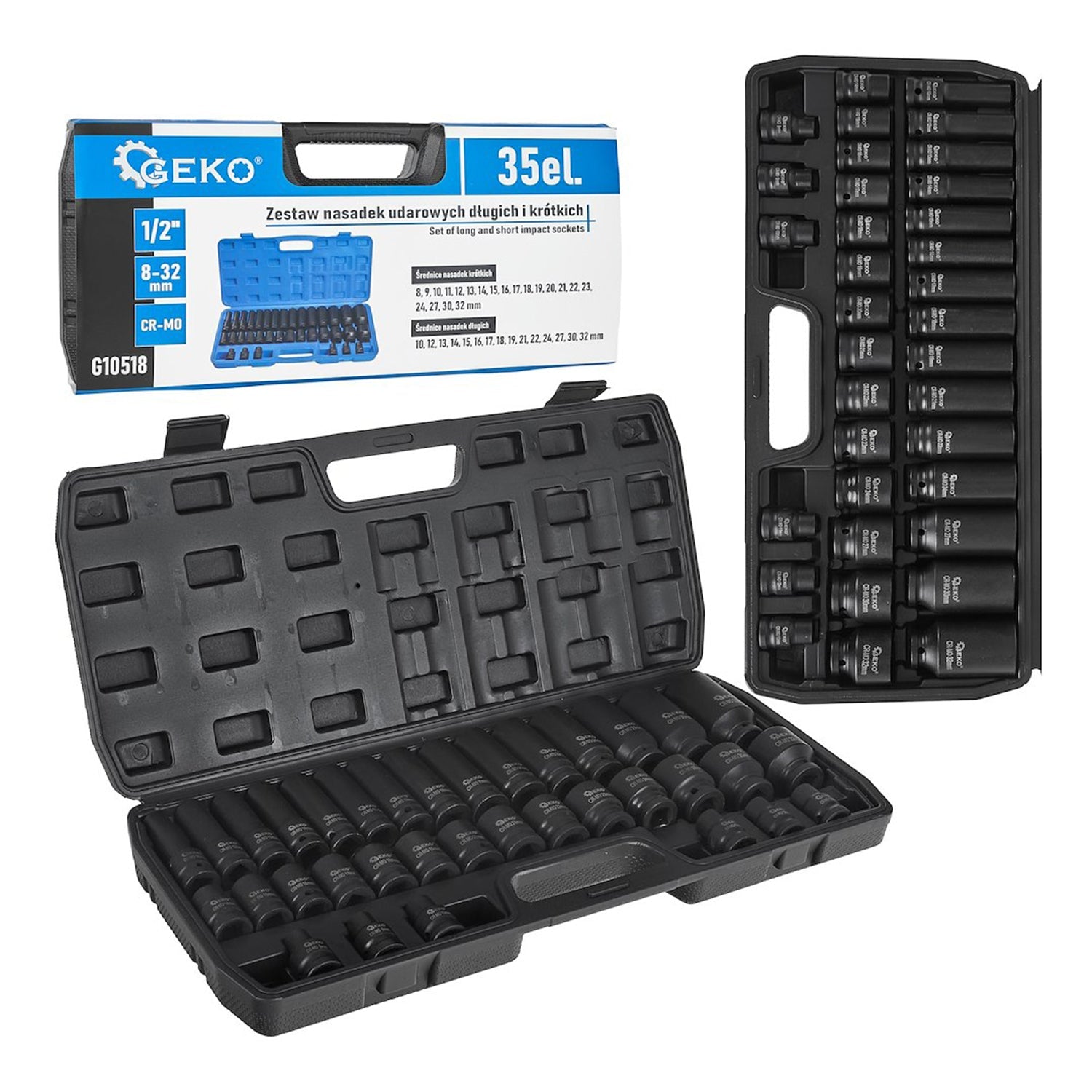 Set di bussole a impatto con attacco da 1/2", set di 35 bussole metriche 8-32mm, acciaio Cr-Mo, kit di strumento di bussole a impulsi