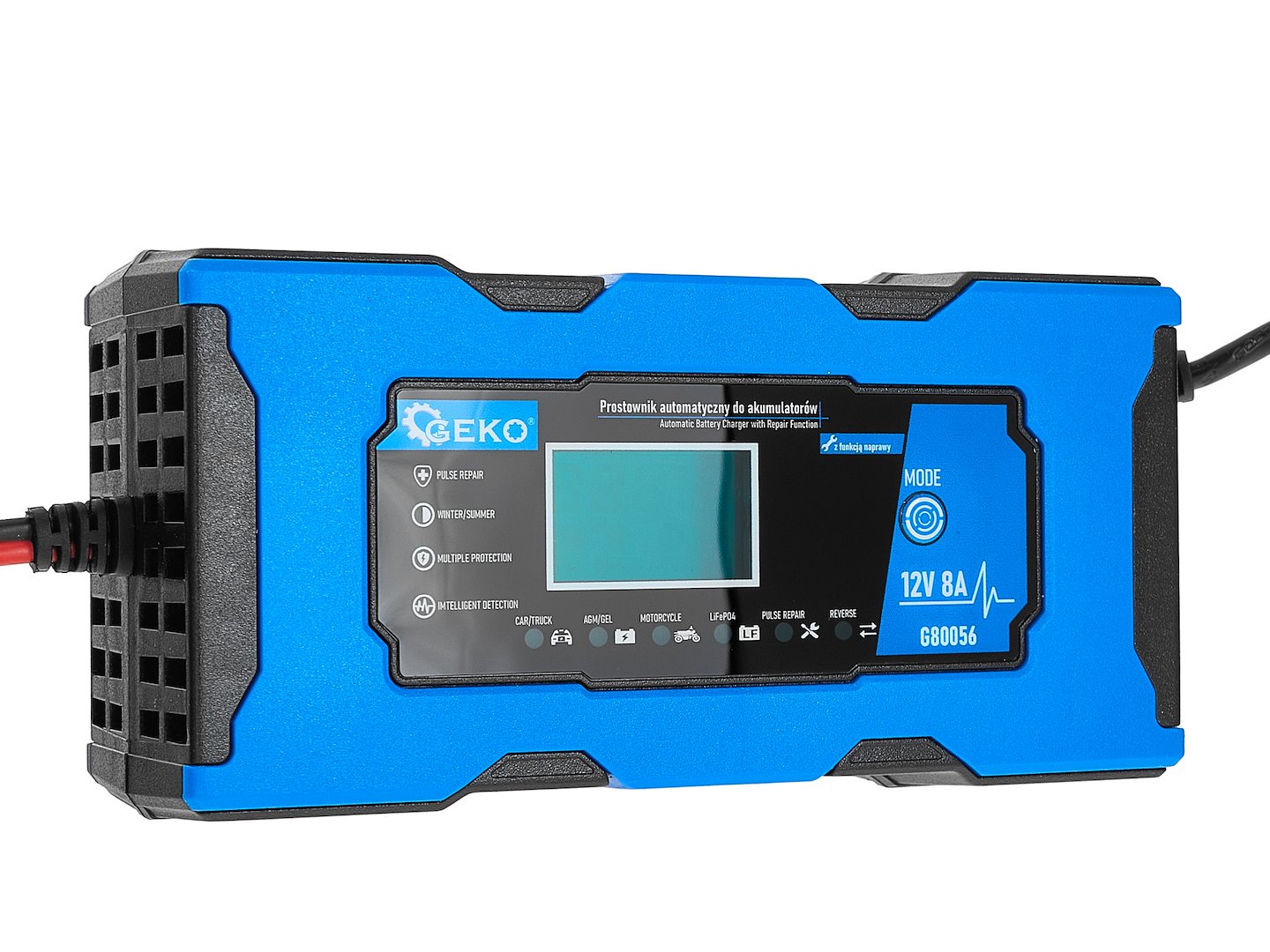 Caricabatterie intelligente automatico per auto, moto, caravan 12 V 8 A, mantenitore di carica con protezione da sovraccarico e compensazione termica, per batterie WET, MF, Ca/Ca, GEL, AGM e LiFePO4, con display digitale LCD, Geko