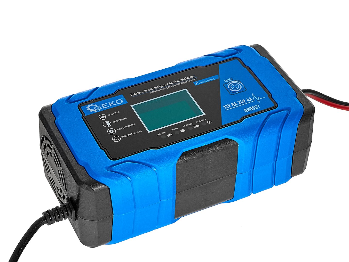Caricabatterie intelligente automatico per auto, moto, caravan 12/24V 8A, mantenitore di carica con protezione da sovraccarico e compensazione termica, per batterie al piombo-acido di tipo WET, MF, Ca/Ca, batterie GEL e AGM, con display digitale LCD, Geko