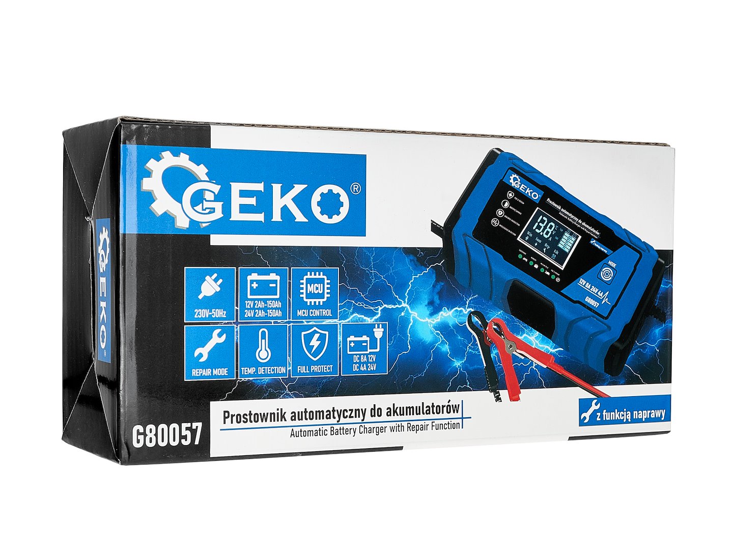 Caricabatterie intelligente automatico per auto, moto, caravan 12/24V 8A, mantenitore di carica con protezione da sovraccarico e compensazione termica, per batterie al piombo-acido di tipo WET, MF, Ca/Ca, batterie GEL e AGM, con display digitale LCD, Geko