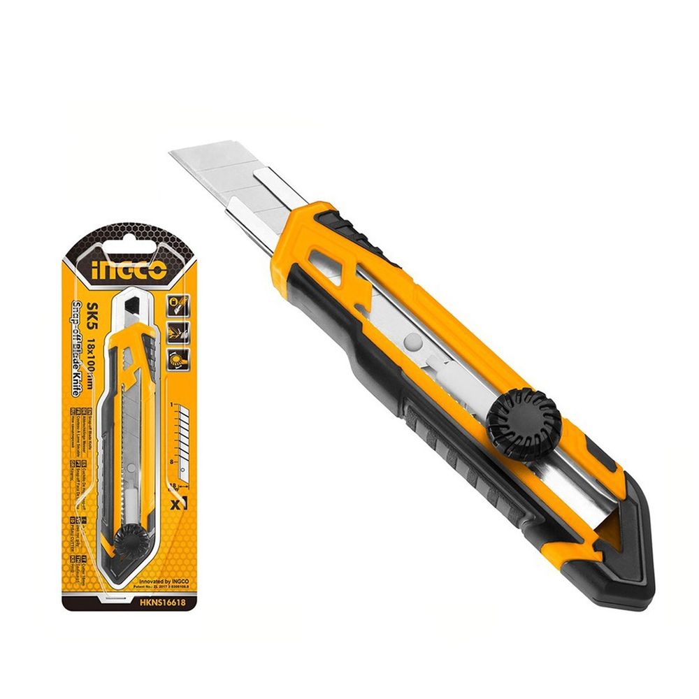 Taglierino-cutter retrattile con impugnatura in gomma e rotella di serraggio, Ingco