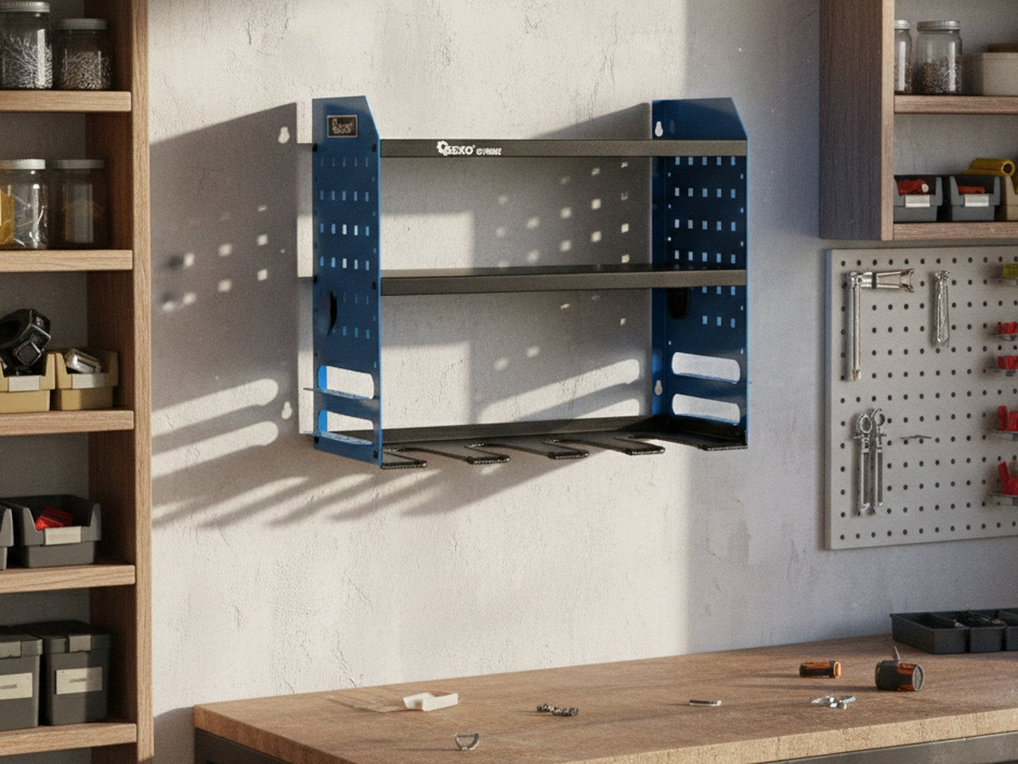 Organizzatore per attrezzi da parete, supporto per trapano a percussione, scaffale portautensili in metallo, organizer pesante per garage e officina con supporto laterale per cacciavite per garage, Geko