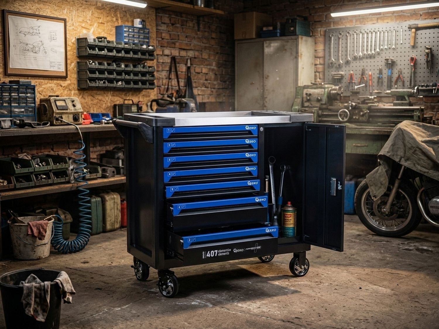 Carrello porta attrezzi / portautensili completo di 407 utensili 7 cassetti, 7 moduli inserti, carrello portautensili attrezzi inclusi; 2 ruote con freno di stazionamento e 2 fisse, Geko