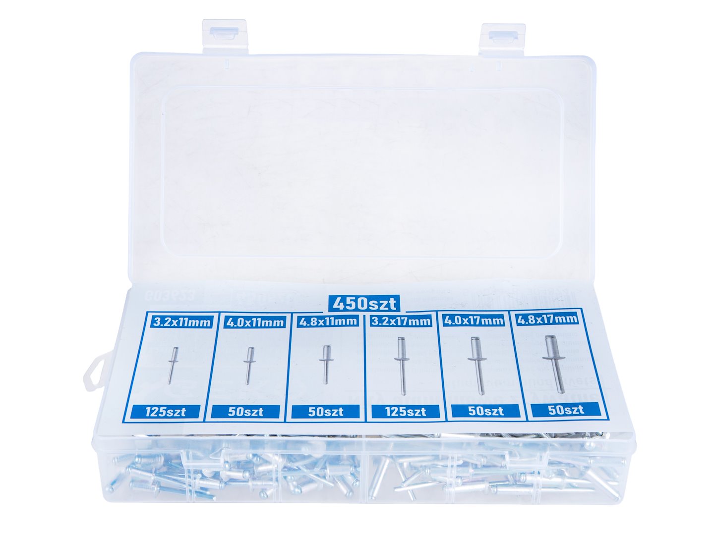 Set di rivetti in alluminio misure miste 450 pezzi in box di plastica, professionali set rivetti ciechi assortimento di rivetti a strappo in alluminio per pinze rivettatrici, Geko