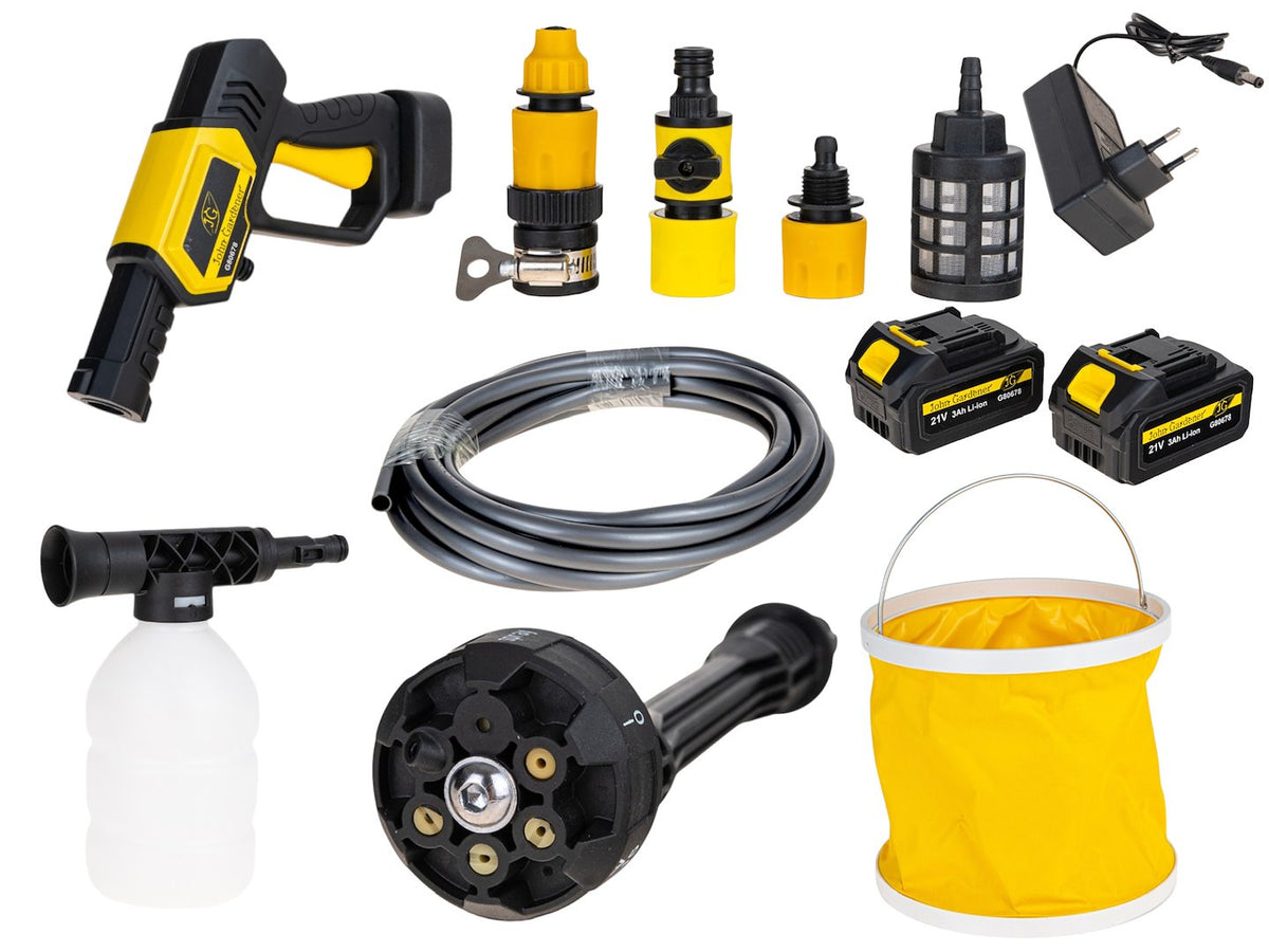 Idropulitrice portatile a batteria 120 bar, 2 batterie 3.0Ah, portata 3.7 litri/min, tubo 5 m e ugelli, per auto, terrazza, giardino Geko