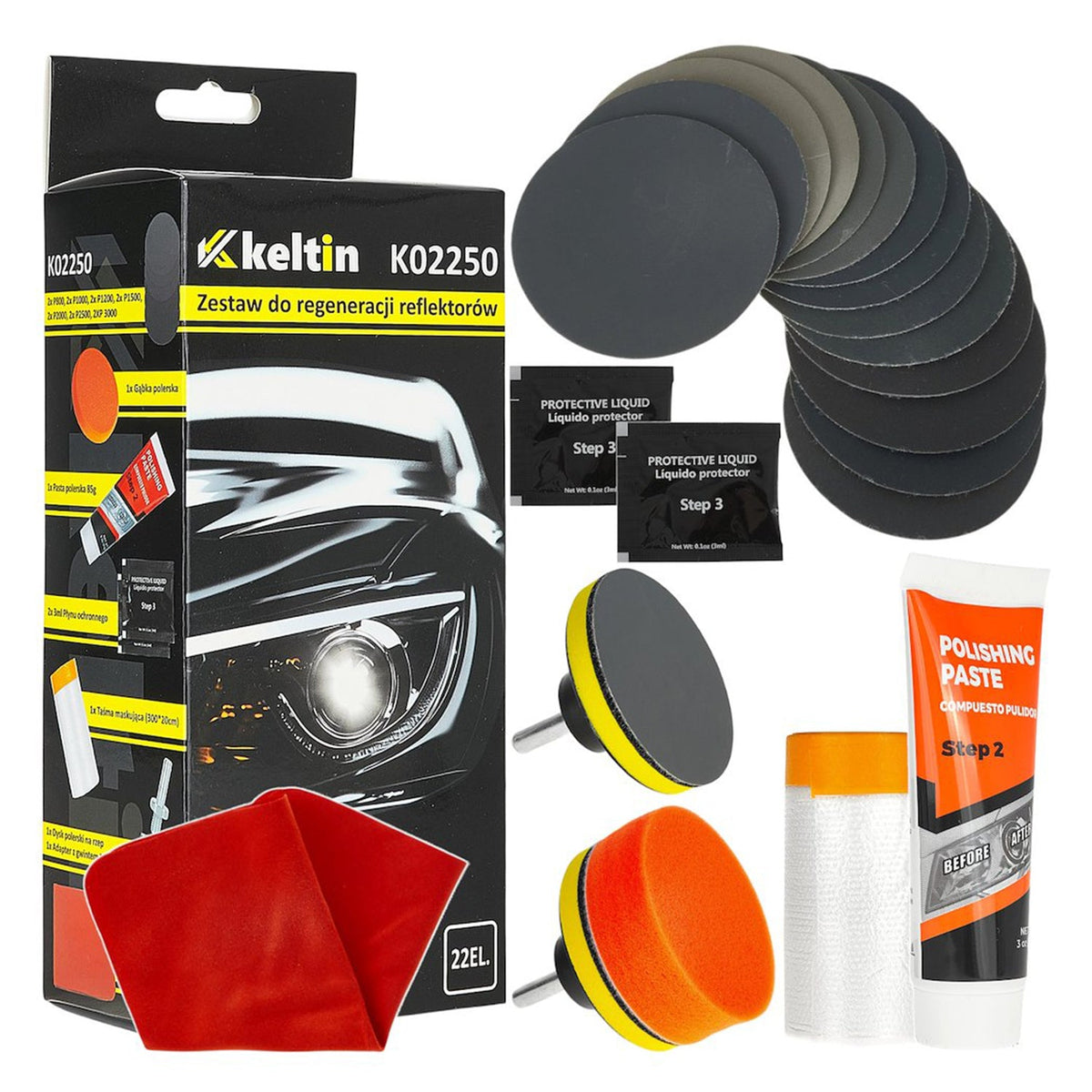Set-kit attrezzi rinnova fari auto, lucidatura e levigatura, per riparazione ingiallimento/graffio/sfocatura/ossidazione, 22 pezzi Keltin