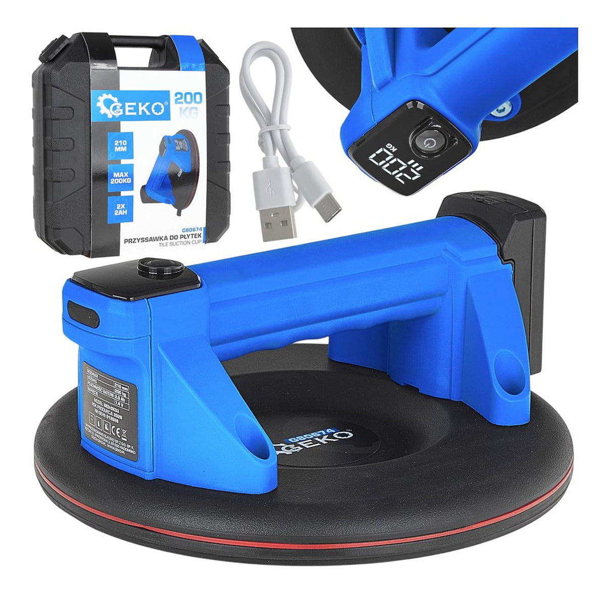 Ventosa elettrica a batteria 210 mm – 3.7 V, 4.0 Ah, portata 200 kg Geko