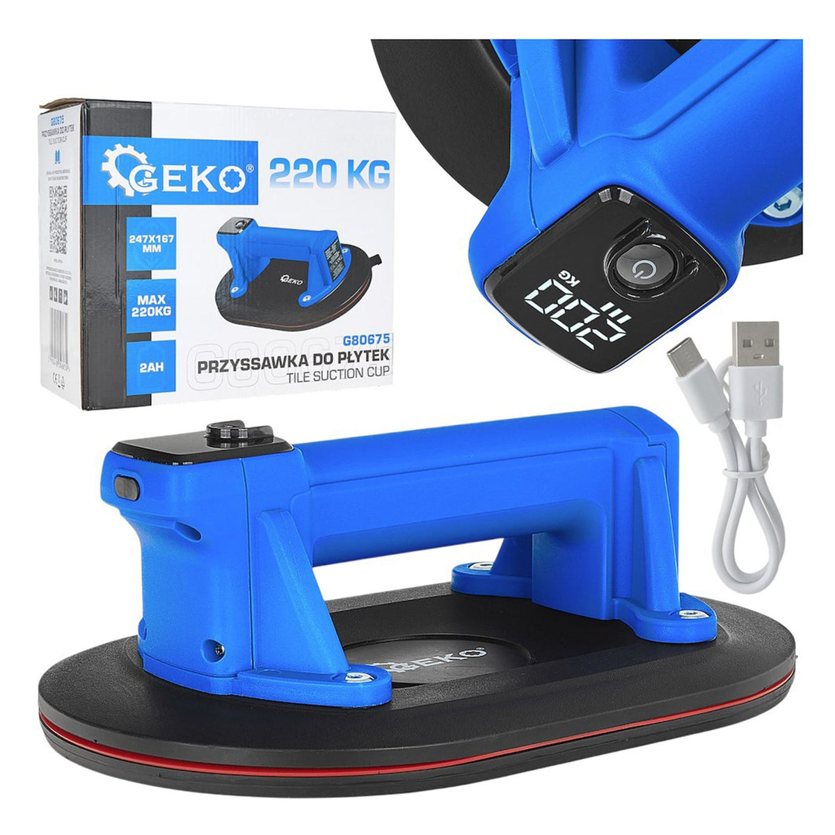 Ventosa elettrica a batteria 247 x 167 mm – 3.7 V, 2.0 Ah, portata 220 kg Geko