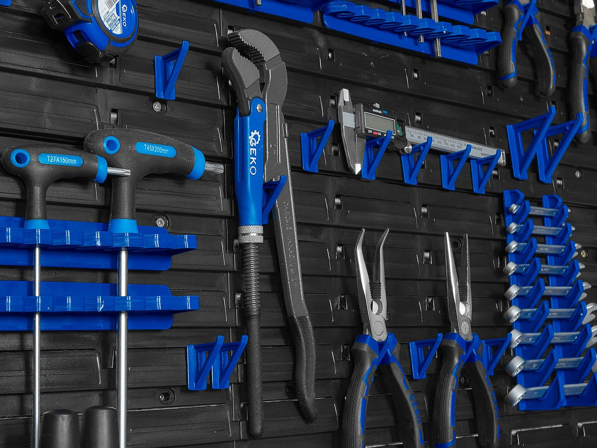 Pannello forato portautensili, portaoggetti,organizzatore da parete con contenitori/cassette, portattrezzi per garage e officina, 136 elementi 2304x780mm Geko