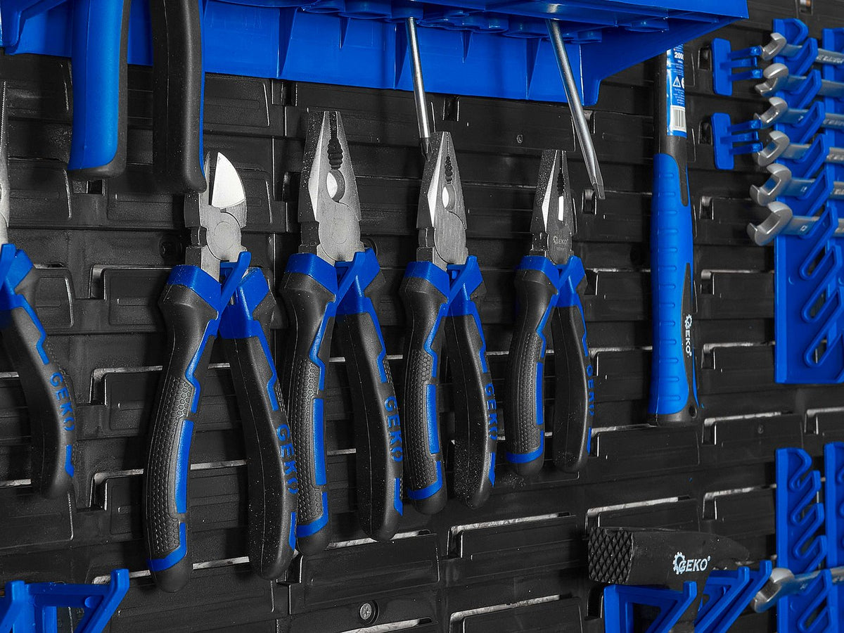 Pannello forato portautensili, portaoggetti,organizzatore da parete con contenitori/cassette, portattrezzi per garage e officina, 136 elementi 2304x780mm Geko