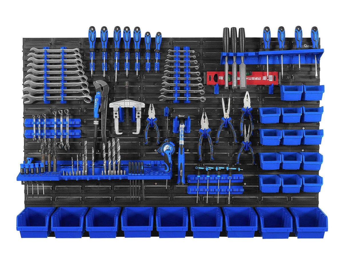 Pannello forato portautensili, portaoggetti,organizzatore da parete con contenitori/cassette, portattrezzi per garage e officina,69 elementi 1152x780mm Geko