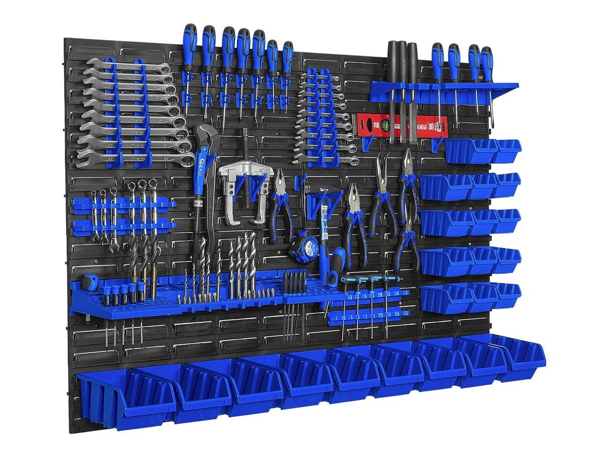 Pannello forato portautensili, portaoggetti,organizzatore da parete con contenitori/cassette, portattrezzi per garage e officina,69 elementi 1152x780mm Geko