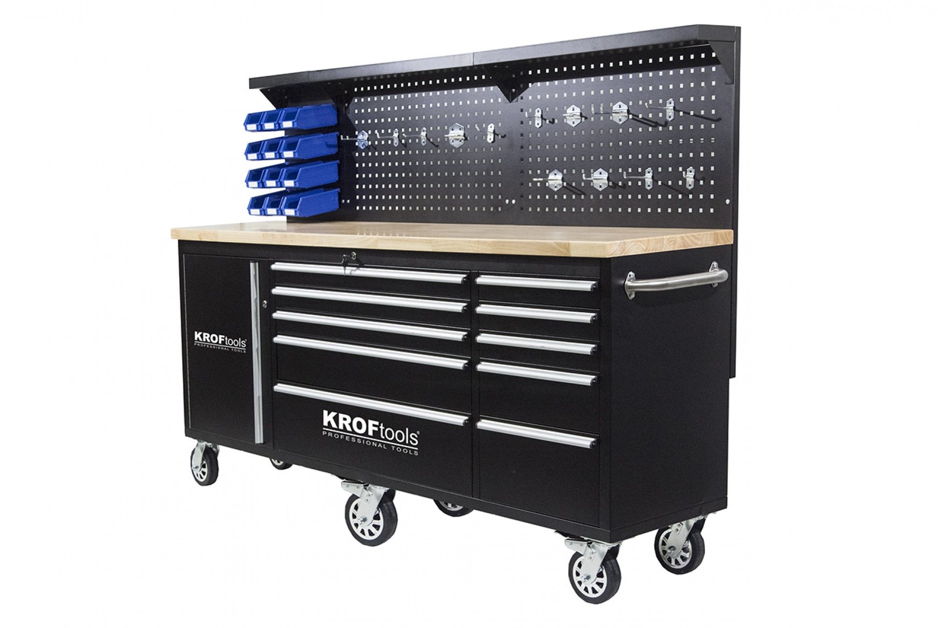 Banco da lavoro mobile con piano in legno 213 cm con 10 cassetti e 3 pannelli a parete porta utensili per officina falegname fai-da-te