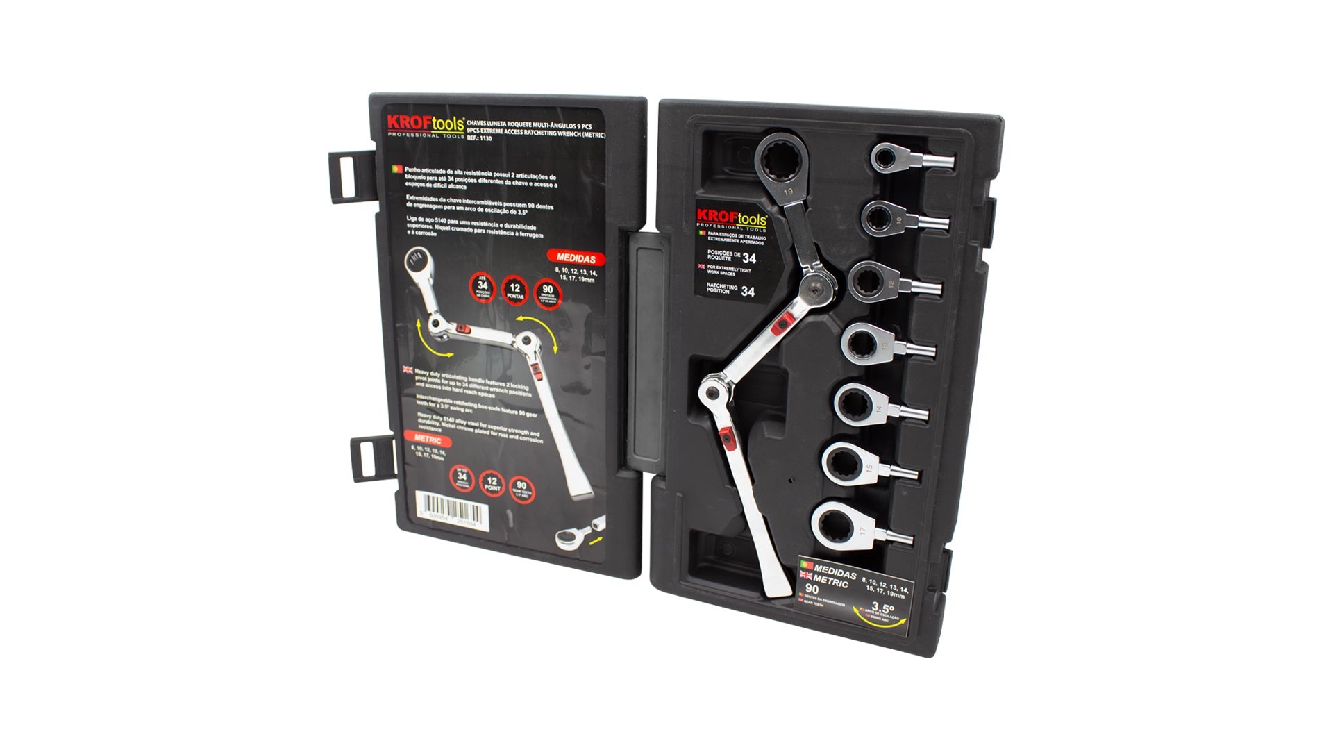 Set chiavi ad anello a cricchetto snodata con testine di ricambio, 9 pezzi Exo-Fit