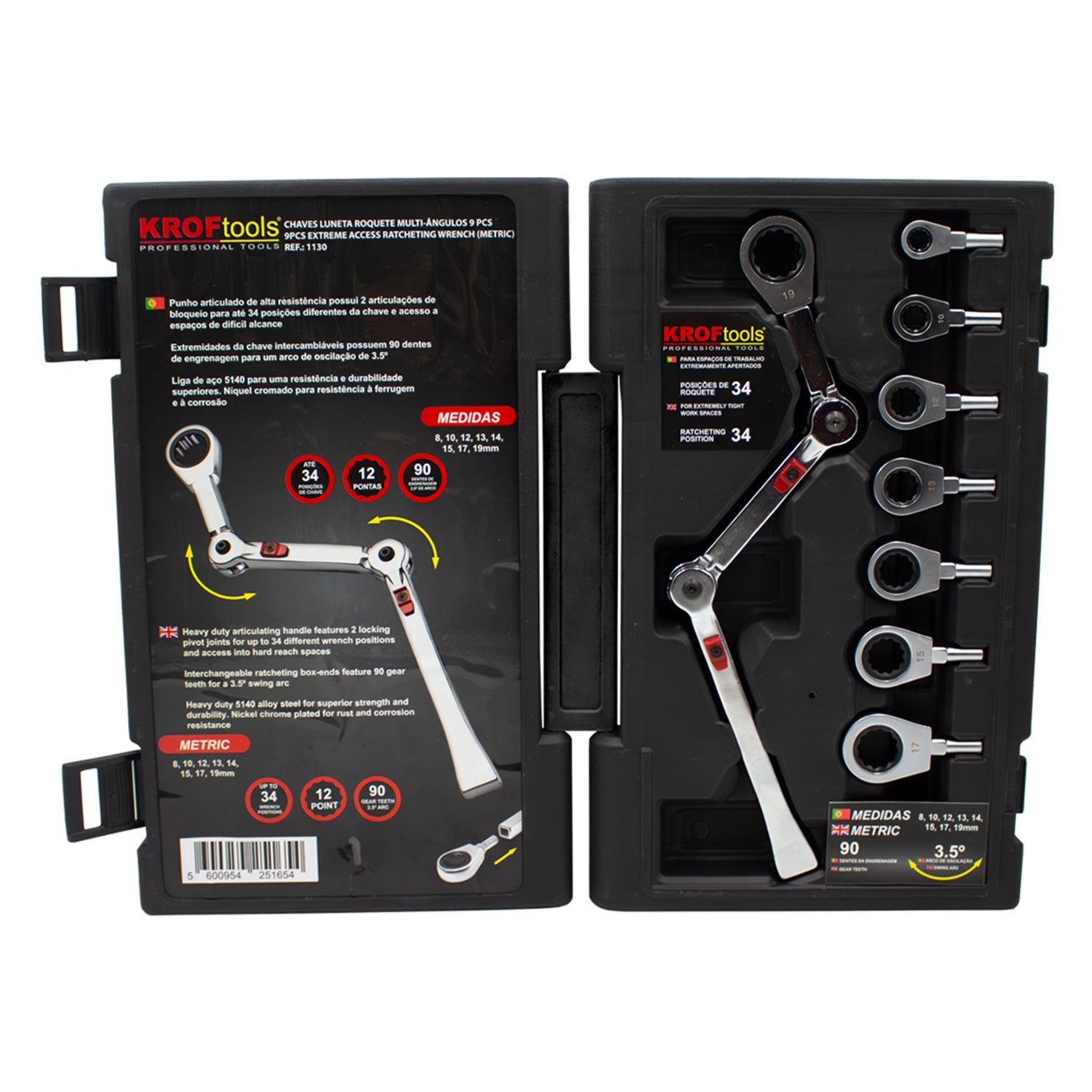 Set chiavi ad anello a cricchetto snodata con testine di ricambio, 9 pezzi Exo-Fit