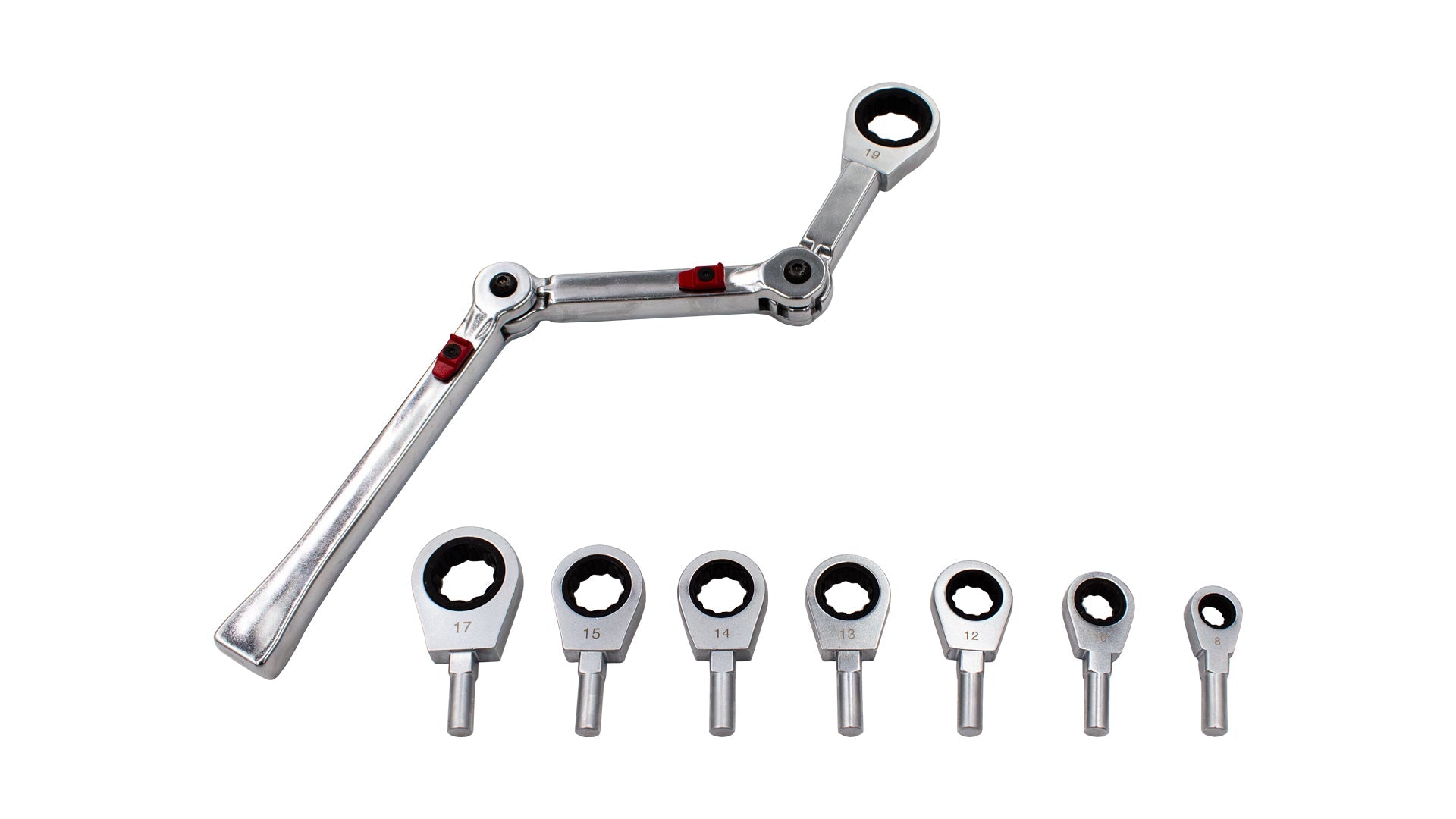 Set chiavi ad anello a cricchetto snodata con testine di ricambio, 9 pezzi Exo-Fit