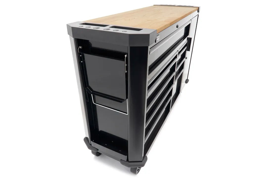 Carrello portautensili metallico professionale officina con 10 cassetti e ruote-mobile 147 cm con piano di lavoro in legno massiccio HBM Olanda