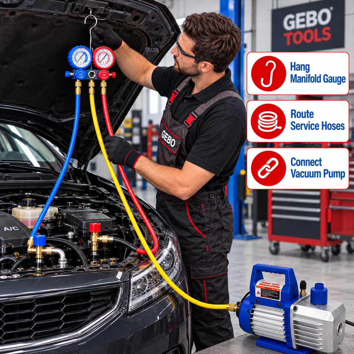 Set-kit pompa vuoto per condizionatori con manometri per HVAC/auto AC, ricarica aria condizionata per R134a, R22, R12 R502 refrigeranti, 70l/min a 2 vie, Gebo Tools