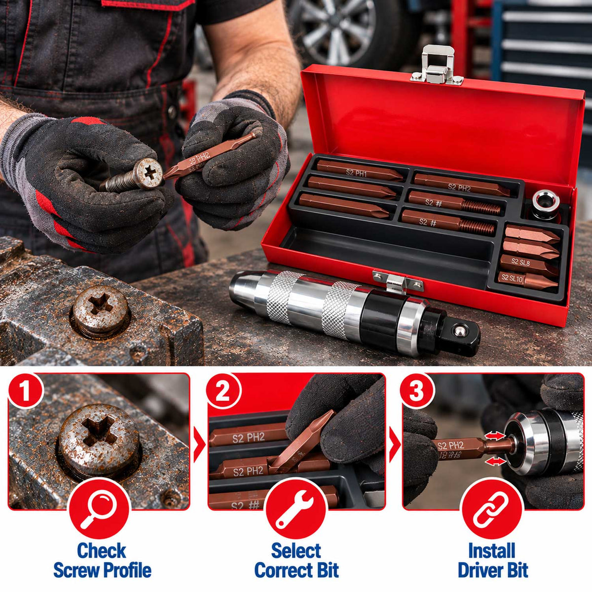 Set-kit cacciavite ad impatto,attrezzi a percussione con accessori, 13 pezzi Gebo Tools