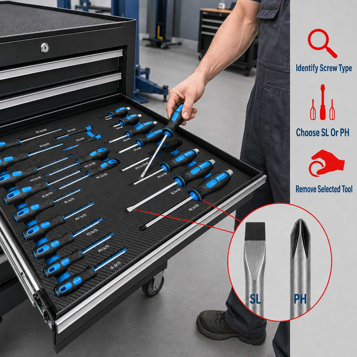 Modulo con inserto in schiuma per carrelli portautensili, kit cacciaviti professionali, 21 pezzi Gebo Tools