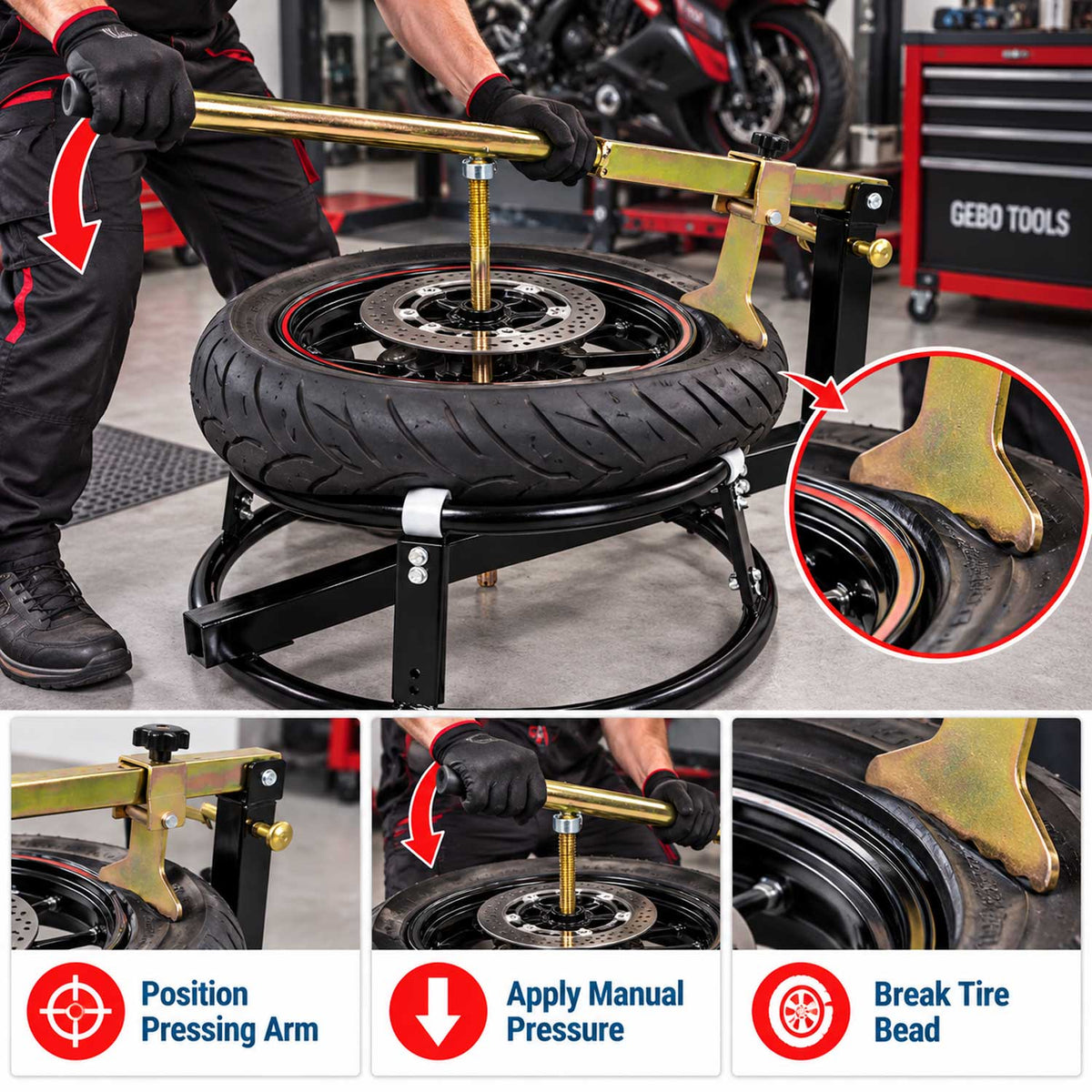 Dispositivo per montaggio smontaggio gomme da moto, pressa manuale 16-21" Gebo Tools
