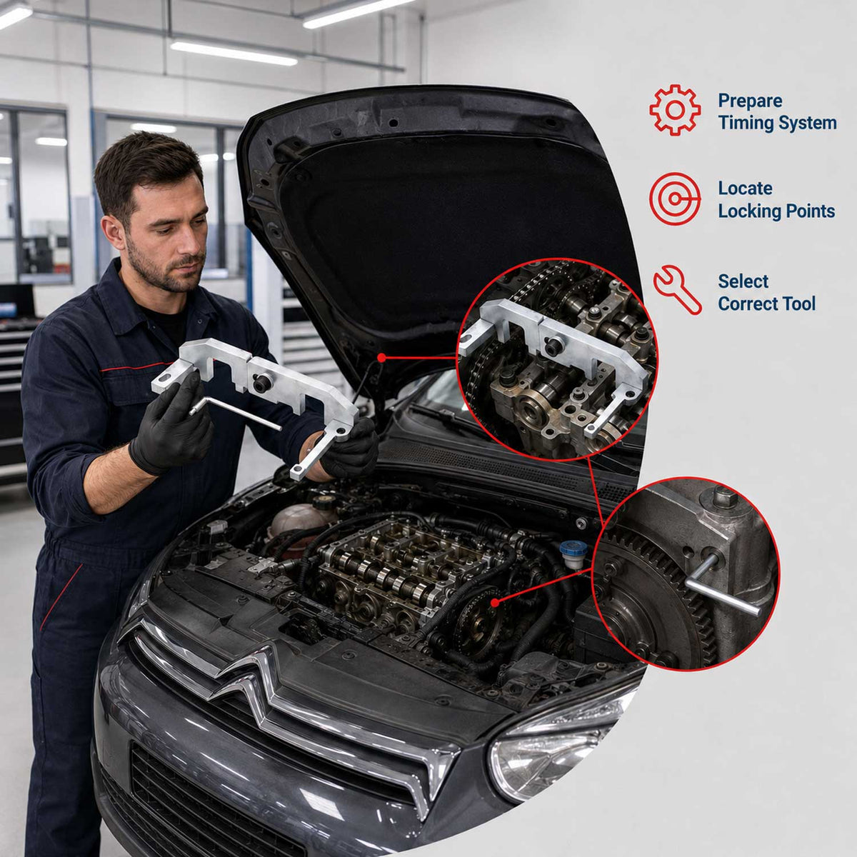 Kit-set attrezzi per messa in fase motori, per il bloccaggio della cinghia di distribuzione dell'albero a camme del motore, compatibile conCitroën Peugeot PSA 1.0 1.2 VTI THP E-VTi, Gebo Tools