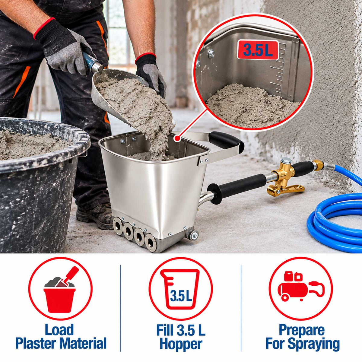 Pistola a spruzzo mortaio professionale, sprayer intonacatrice, per cemento, macchina per intonaco con fori, spruzzatore, gesso e calce per pittura murale e ristrutturazione, in acciaio inox Gebo
