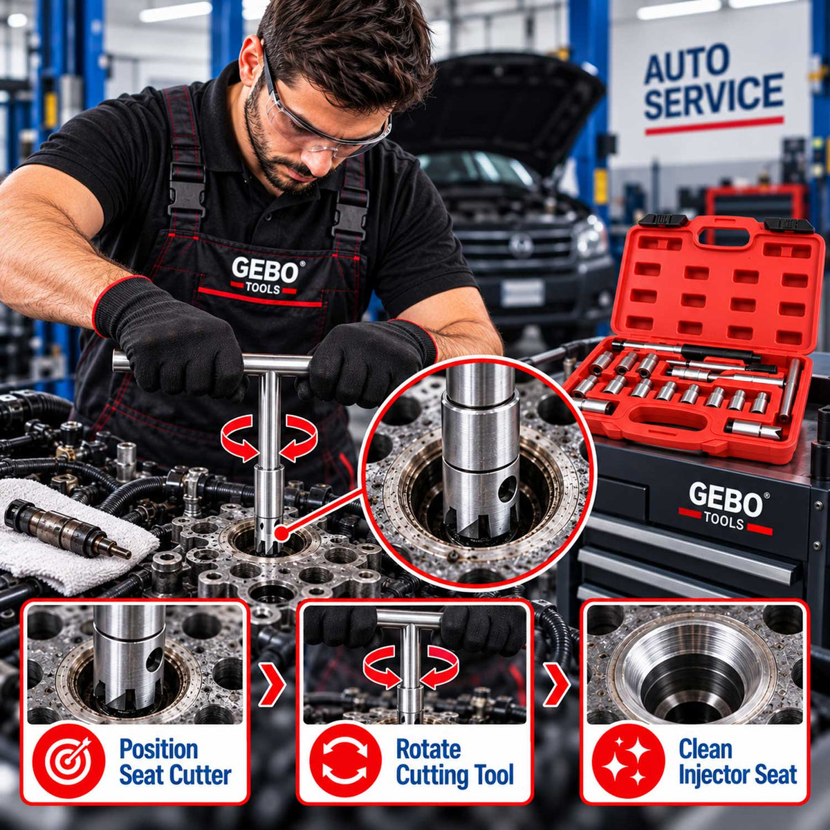 Set-kit professionale per sedi di iniettori diesel, strumento per la rimozione del carbonio, frese per la pulizia interna, 17 pezzi Gebo Tools