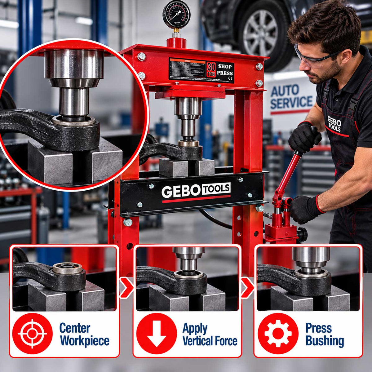 Pressa idraulica da officina 30 tonnellate a telaio per cuscinetti con manometro, a doppia azione, Gebo Tools