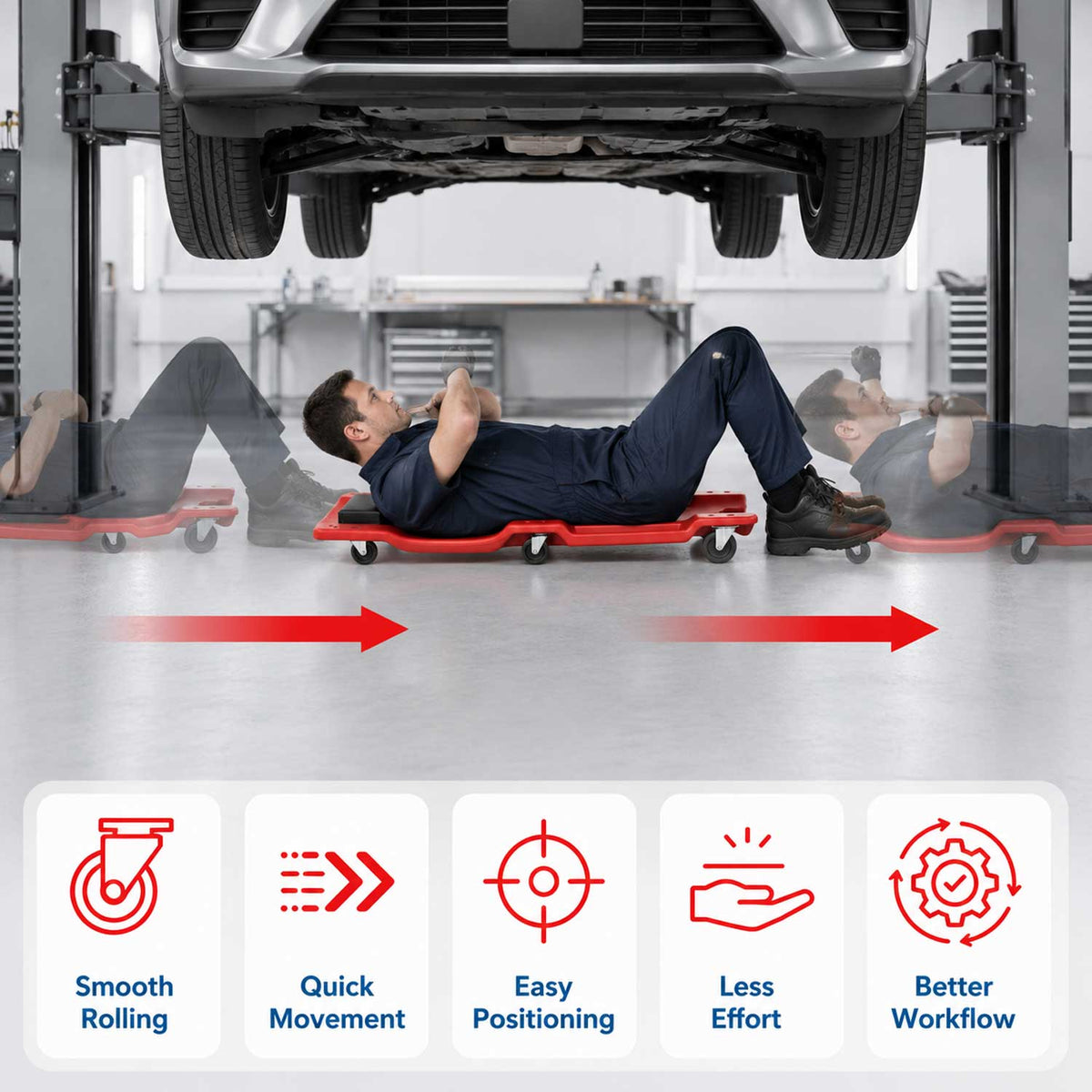 Carrello sdraio per meccanico rosso, sotto auto professionale, da officina, lettino sottomacchina, pedana montaggio, riparazioni con ruote e poggiatesta, 6 ruote ,portata fino a 130 kg, Gebo Tools