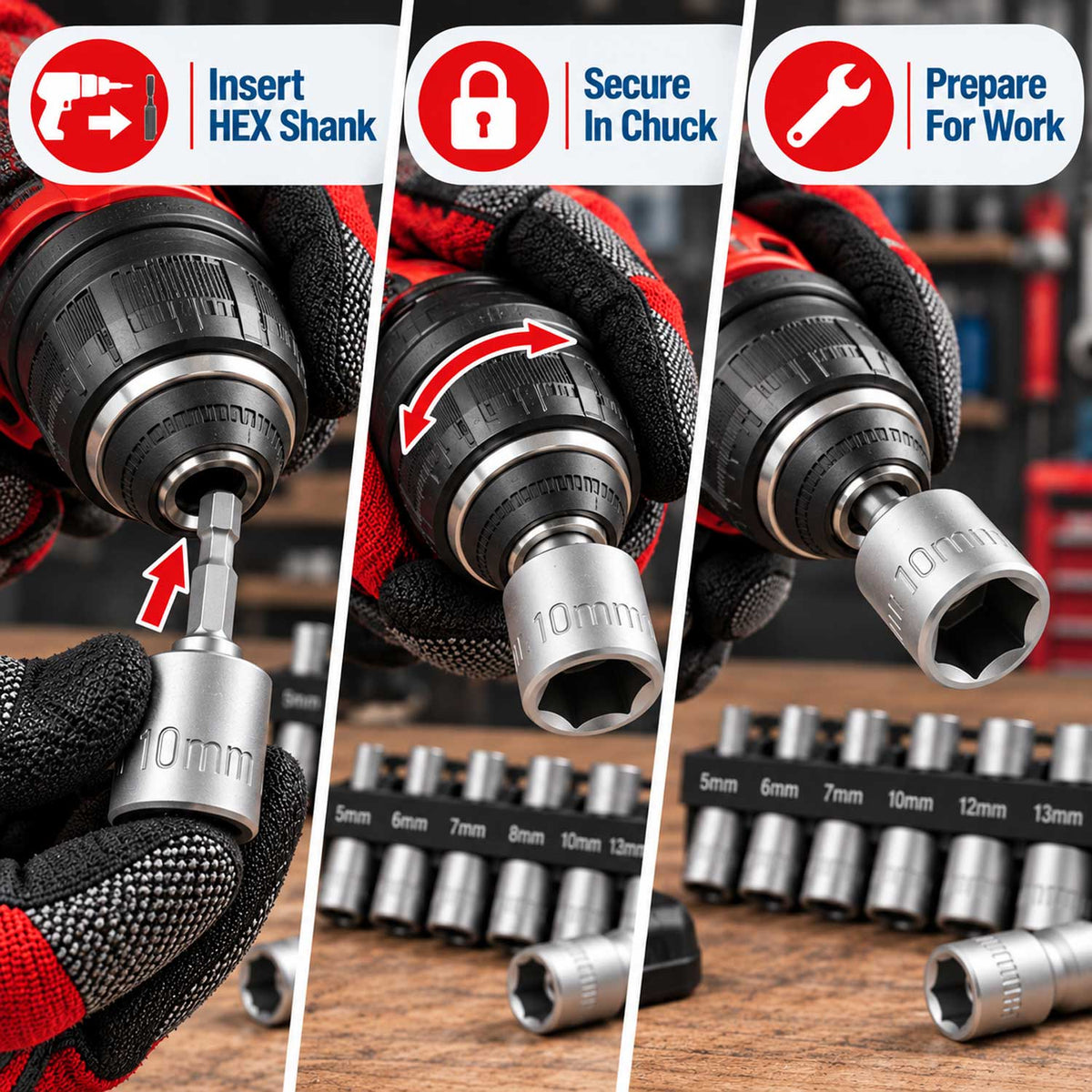Set-kit batterie e bussole da 5 a 13 mm per punte da trapano esagonali da 1/4'',Gebo Tools