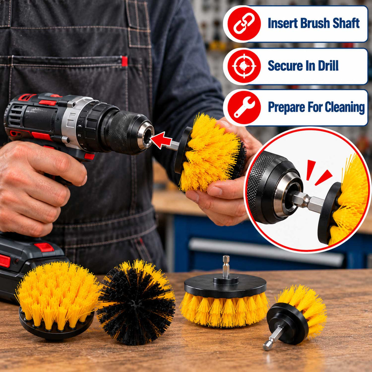 Set-kit 4 spazzole con adattatore per trapano elettrico, pulizia con setola rigide Gebo Tools