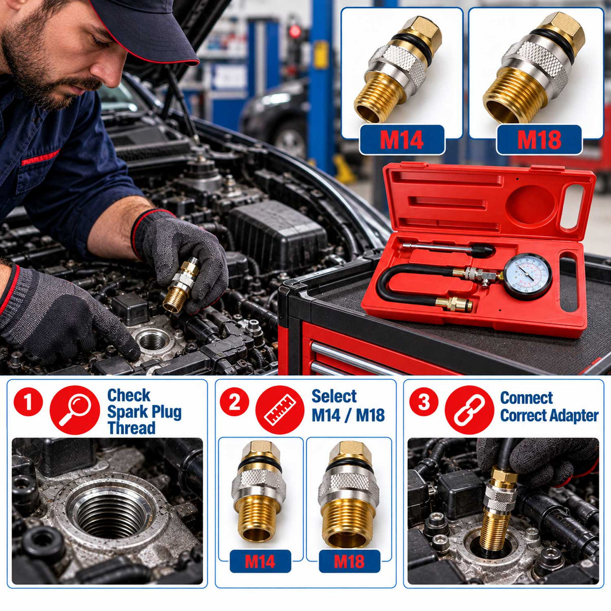 Set-kit tester compressione per motori a benzina, motore per auto e camion, 0 - 20 Bar, Gebo Tools