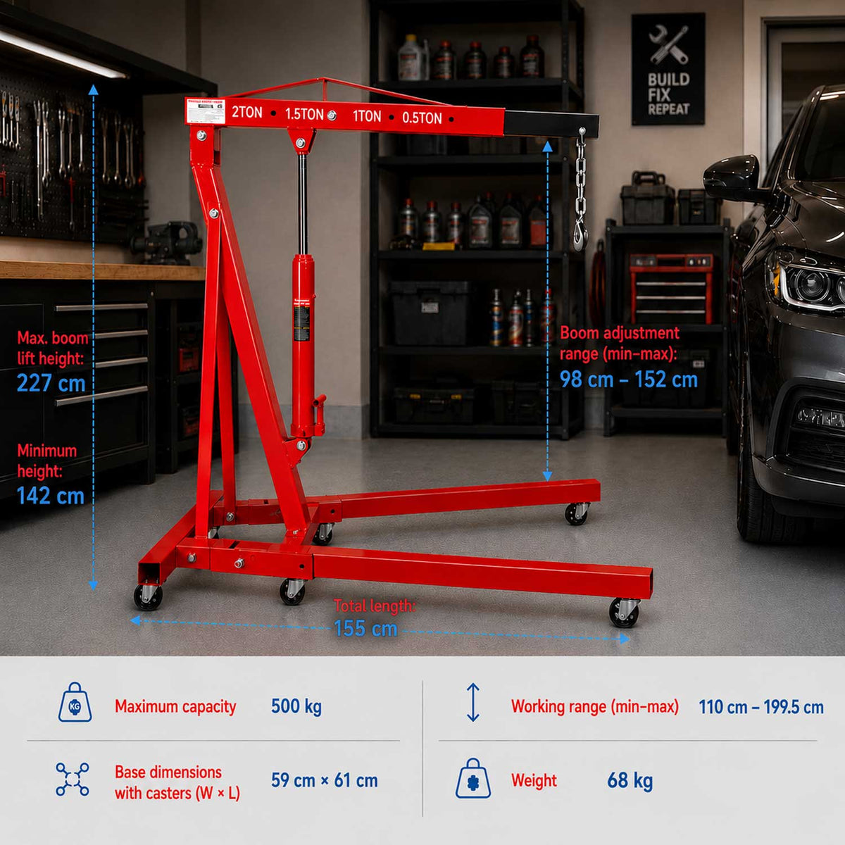 Gru idraulica pieghevole, 2 tonnellate, ideale per motori, maniglia pompa, gambe pieghevoli, paranco sollevatore cavalletto Gebo Tools