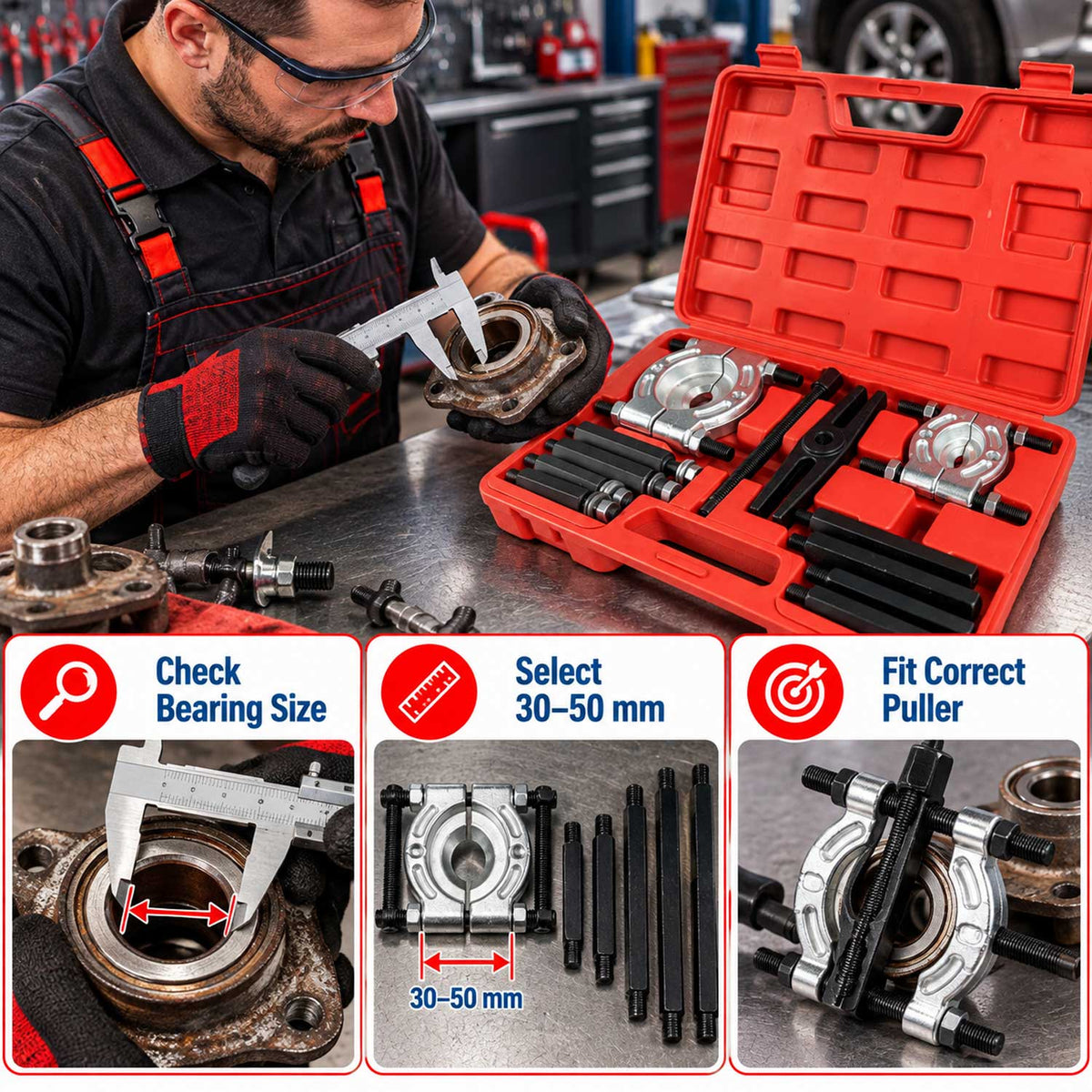 Set-kit estrattore-separatore per cuscinetti, strumento di rimozione, diametro 30–75 mm Gebo Tools
